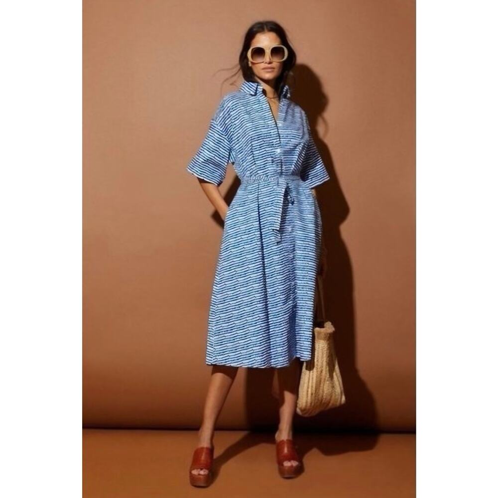 Tucker Safari Shirt Dress Cobalt Blue & White Striped Size XXS MSRP over 200.00